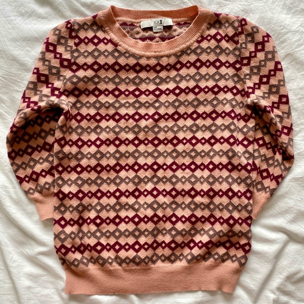 Pink and Maroon Patterned Crew Neck Sweater